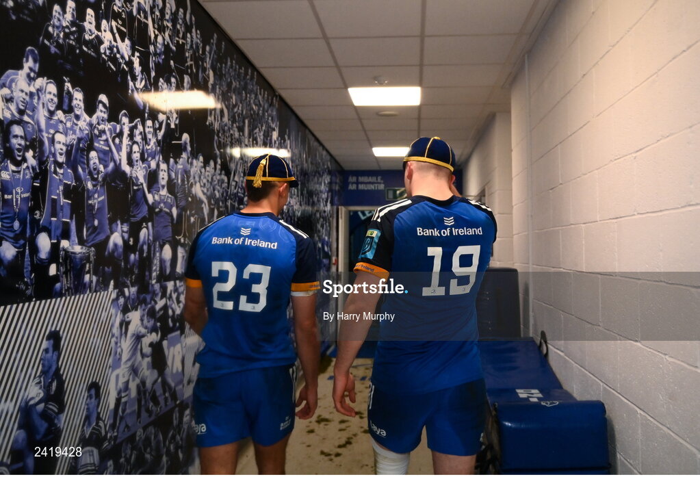 28 January 2023; Debutants Aitzol King and James Culhane of Leinster after the United Rugby Championship match between Leinster and Cardiff at RDS Arena in Dublin. Photo by Harry Murphy/Sportsfile