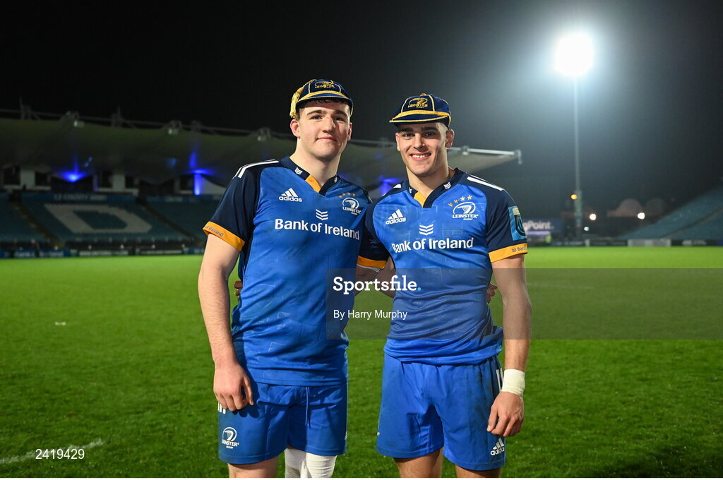 28 January 2023; Debutants James Culhane and Aitzol King of Leinster after the United Rugby Championship match between Leinster and Cardiff at RDS Arena in Dublin. Photo by Harry Murphy/Sportsfile