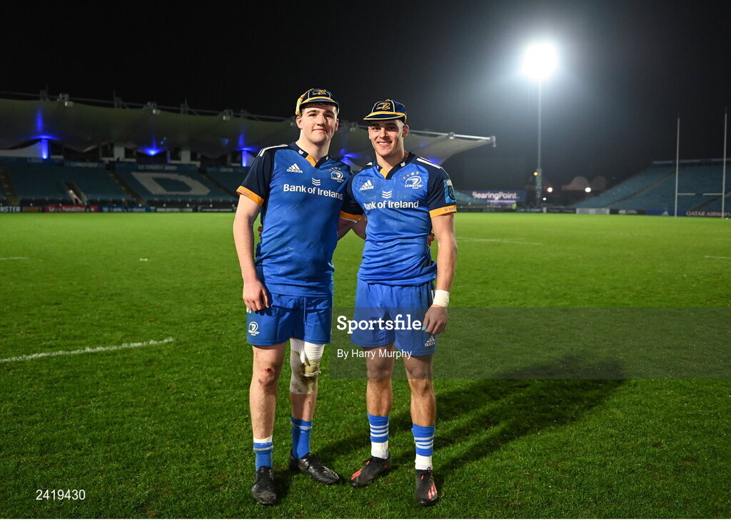 28 January 2023; Debutants James Culhane and Aitzol King of Leinster after the United Rugby Championship match between Leinster and Cardiff at RDS Arena in Dublin. Photo by Harry Murphy/Sportsfile