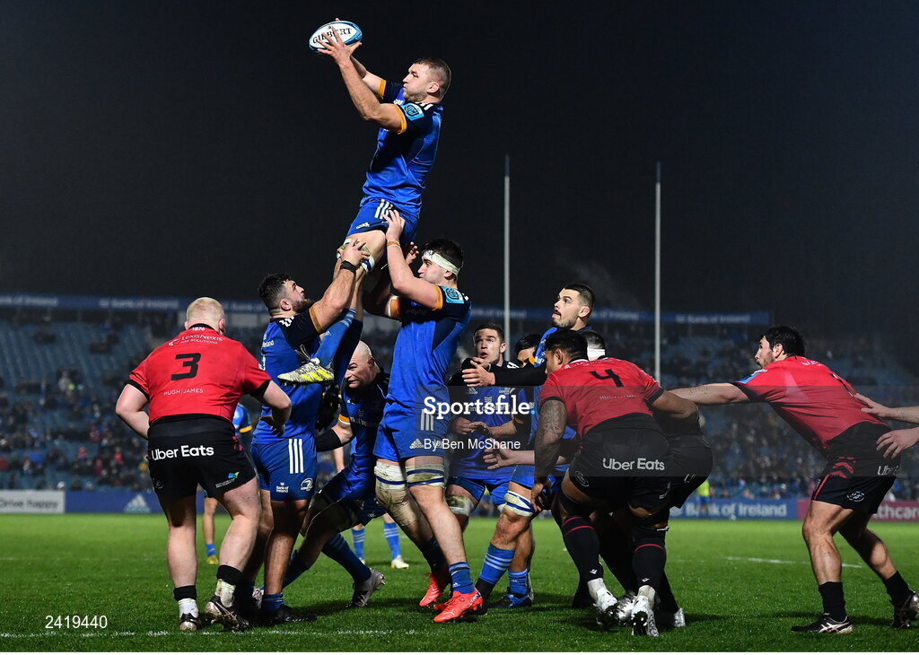 28 January 2023; Ross Molony of Leinster wins possession in the lineout during the United Rugby Championship match between Leinster and Cardiff at RDS Arena in Dublin. Photo by Ben McShane/Sportsfile