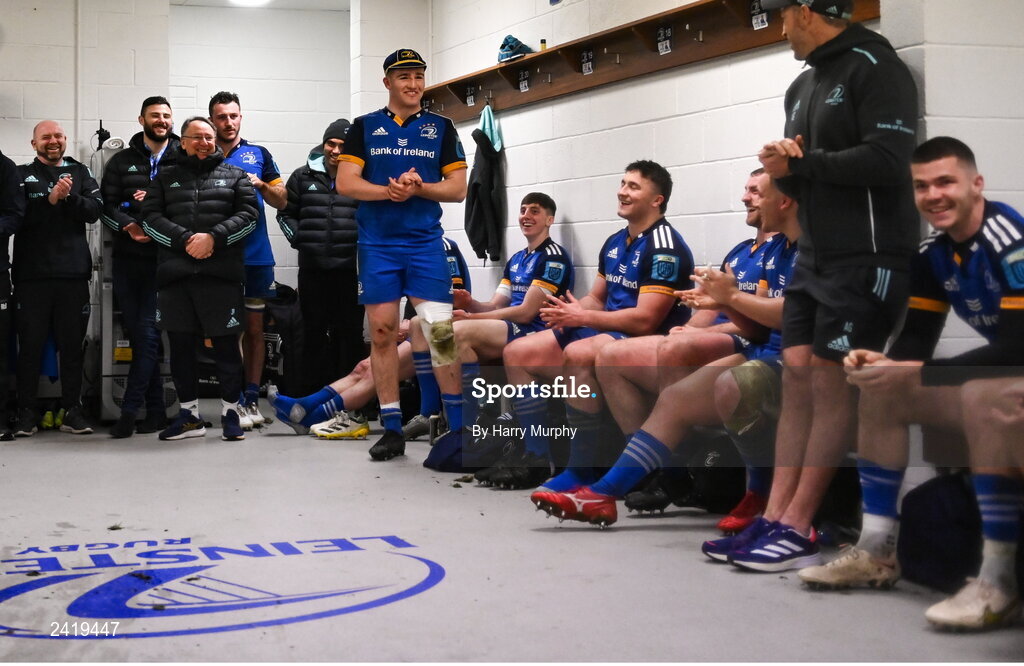 28 January 2023; Debutant James Culhane of Leinster sings after the United Rugby Championship match between Leinster and Cardiff at RDS Arena in Dublin. Photo by Harry Murphy/Sportsfile