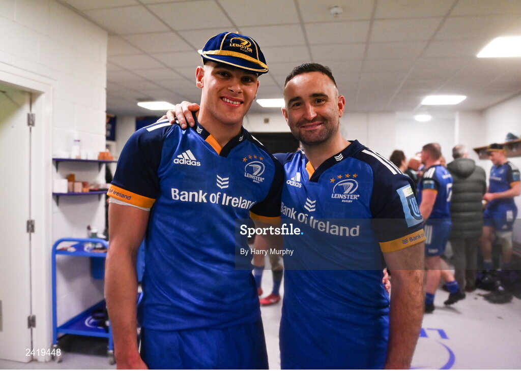 28 January 2023; Debutant Aitzol King of Leinster is presented his jersey by teammate Dave Kearney during the United Rugby Championship match between Leinster and Cardiff at RDS Arena in Dublin. Photo by Harry Murphy/Sportsfile