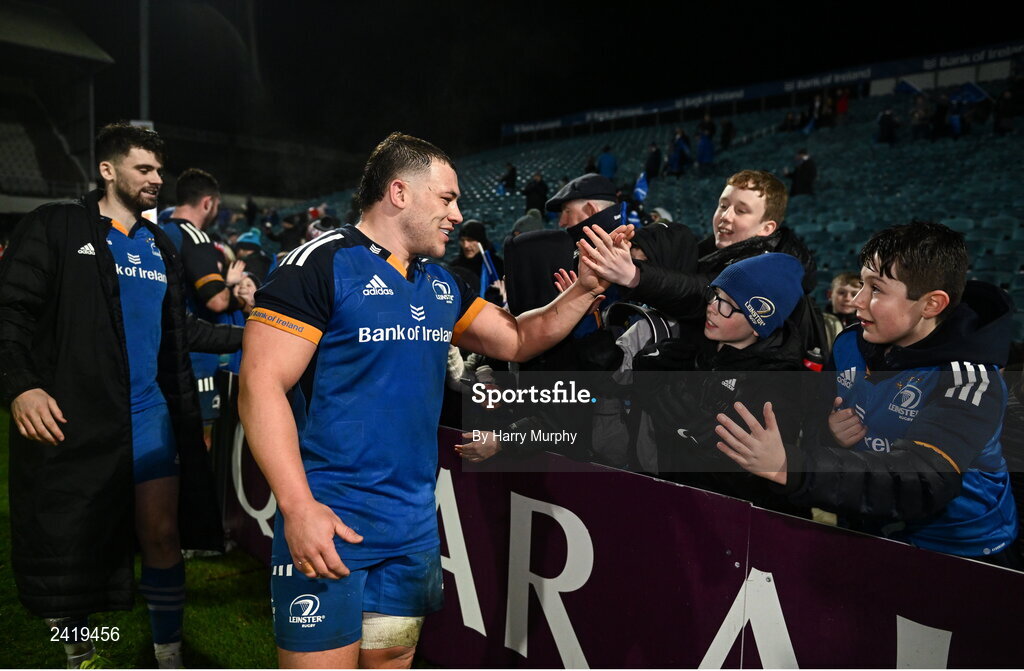 28 January 2023; Tadgh McElroy of Leinster after his side's victory in the United Rugby Championship match between Leinster and Cardiff at RDS Arena in Dublin. Photo by Harry Murphy/Sportsfile
