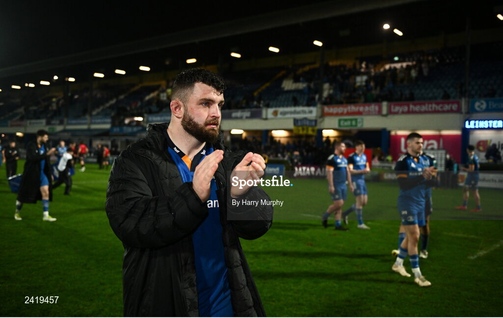 28 January 2023; Michael Milne of Leinster after his side's victory in the United Rugby Championship match between Leinster and Cardiff at RDS Arena in Dublin. Photo by Harry Murphy/Sportsfile