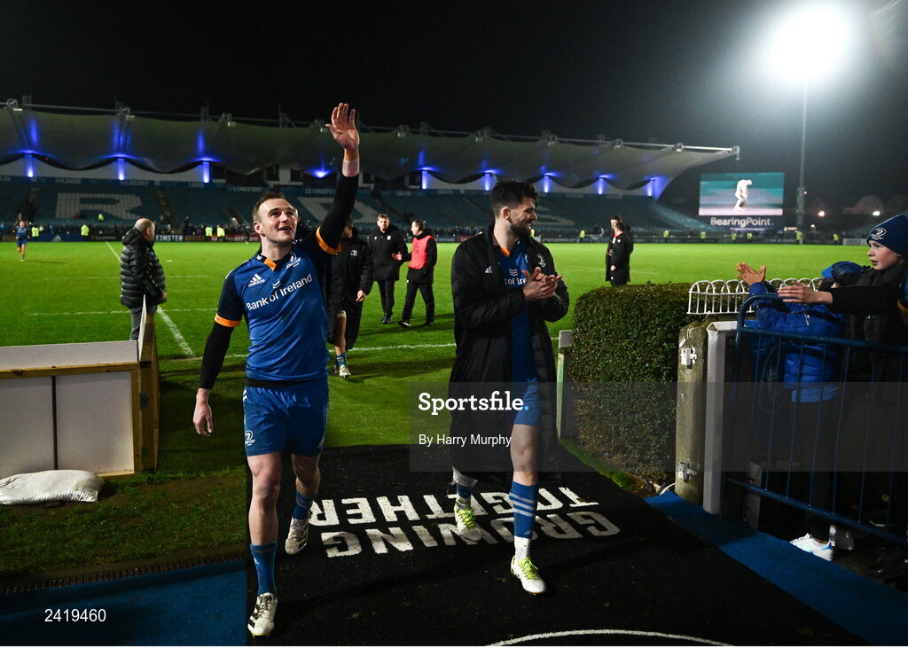 28 January 2023; Nick McCarthy and Harry Byrne of Leinster after their side's victory in the United Rugby Championship match between Leinster and Cardiff at RDS Arena in Dublin. Photo by Harry Murphy/Sportsfile