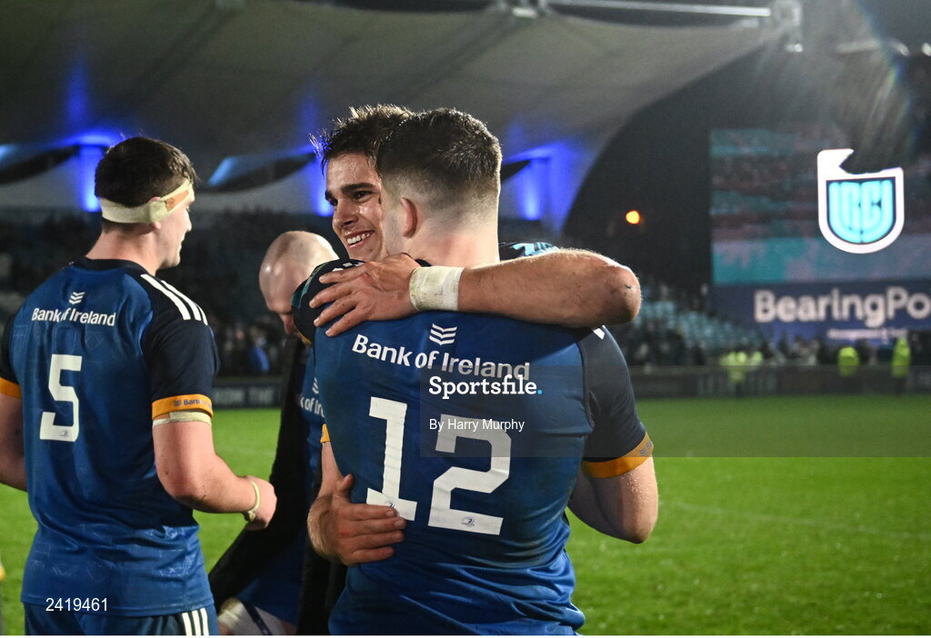 28 January 2023; Aitzol King and Ben Brownlee of Leinster after their side's victory in the United Rugby Championship match between Leinster and Cardiff at RDS Arena in Dublin. Photo by Harry Murphy/Sportsfile
