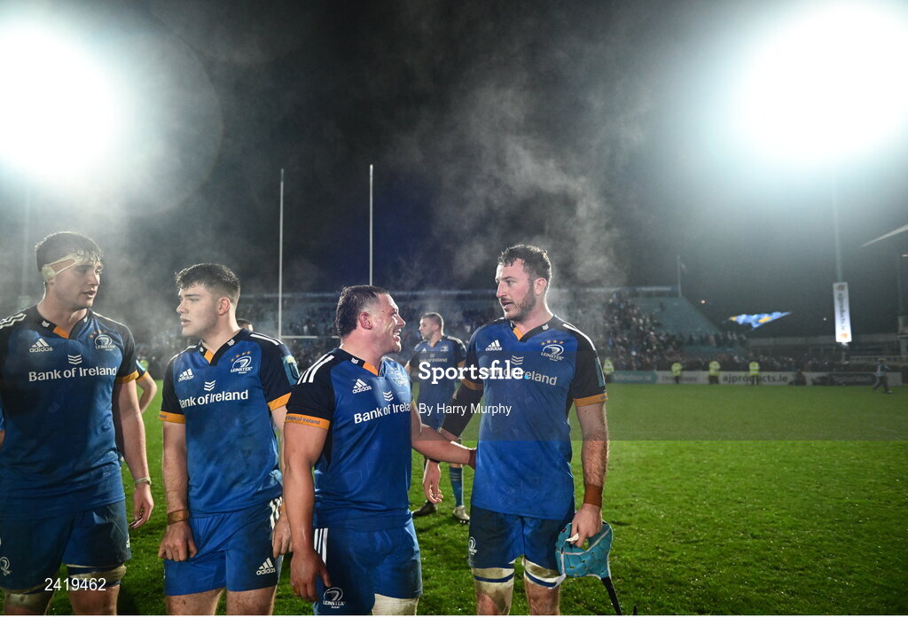 28 January 2023; Tadgh McElroy and Will Connors of Leinster after their side's victory in the United Rugby Championship match between Leinster and Cardiff at RDS Arena in Dublin. Photo by Harry Murphy/Sportsfile