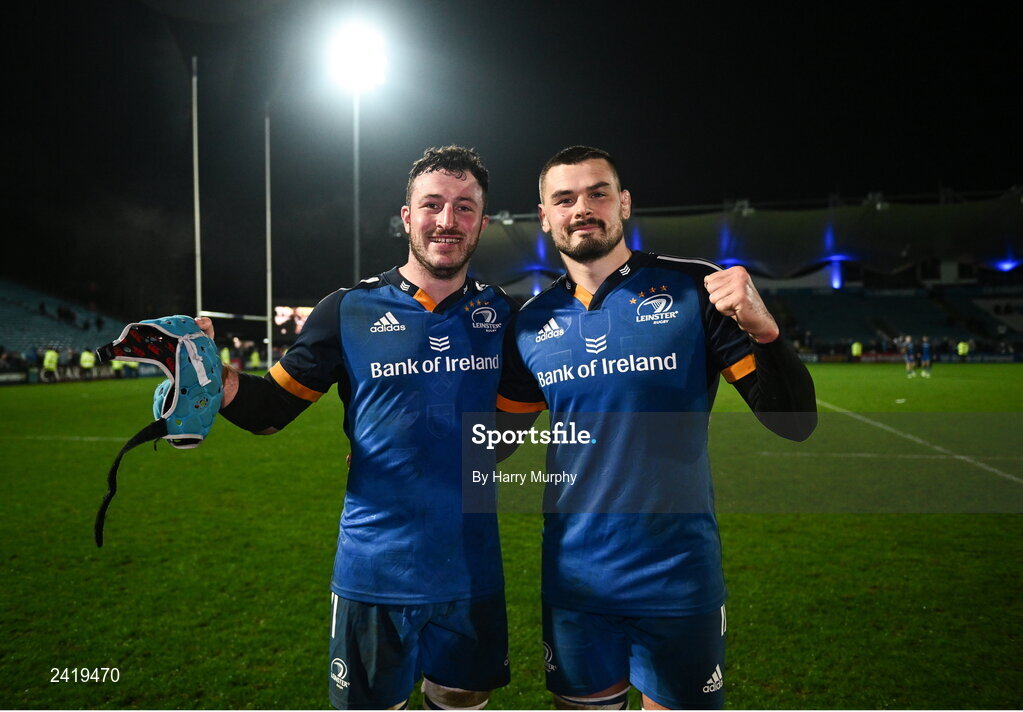 28 January 2023; Will Connors and Max Deegan of Leinster after their side's victory in the United Rugby Championship match between Leinster and Cardiff at RDS Arena in Dublin. Photo by Harry Murphy/Sportsfile