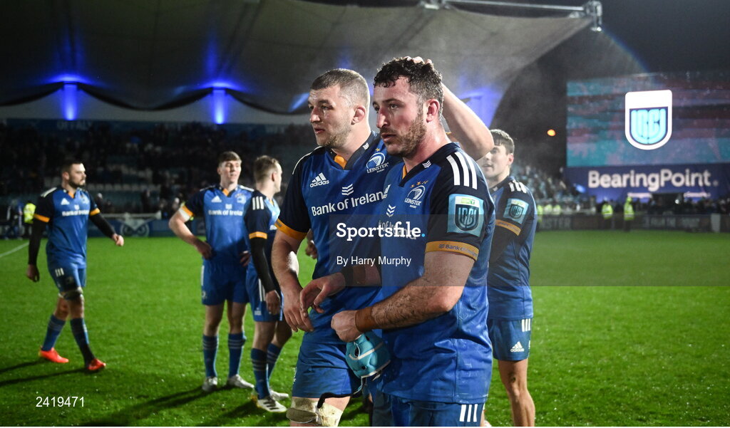 28 January 2023; Ross Molony and Will Connors of Leinster after their side's victory in the United Rugby Championship match between Leinster and Cardiff at RDS Arena in Dublin. Photo by Harry Murphy/Sportsfile