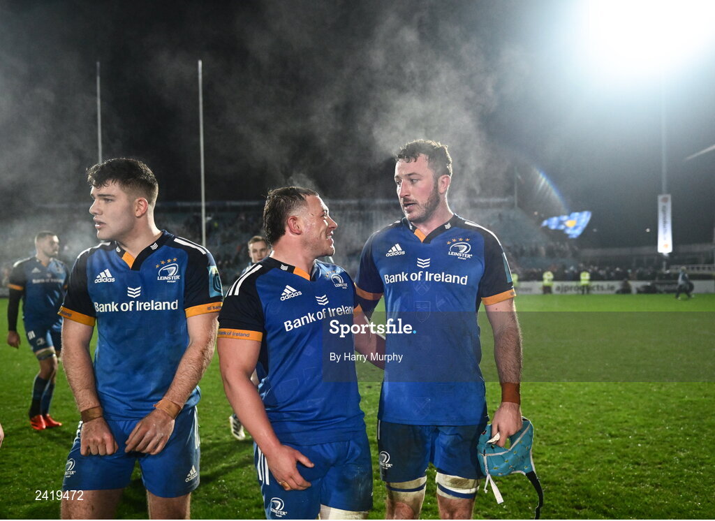 28 January 2023; Tadgh McElroy and Will Connors of Leinster after their side's victory in the United Rugby Championship match between Leinster and Cardiff at RDS Arena in Dublin. Photo by Harry Murphy/Sportsfile