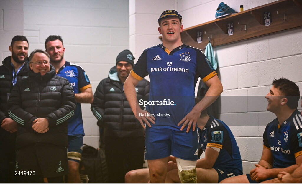 28 January 2023; Debutant James Culhane of Leinster sings after the United Rugby Championship match between Leinster and Cardiff at RDS Arena in Dublin. Photo by Harry Murphy/Sportsfile