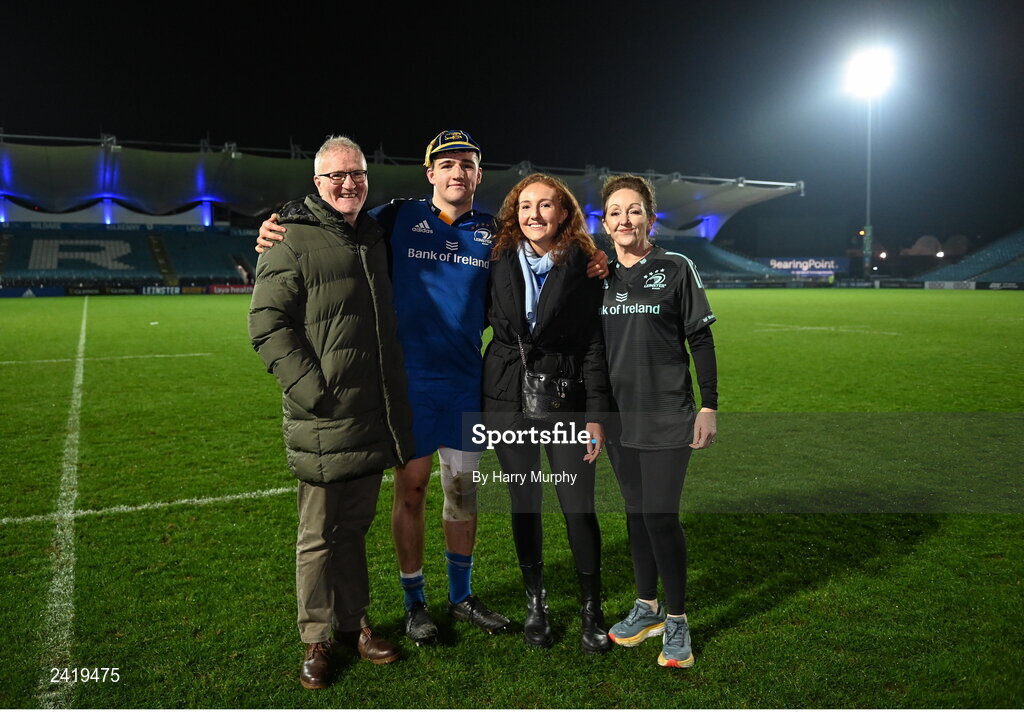 28 January 2023; Debutant James Culhane of Leinster with his family, from left, father Paul, sister Rosie and mother Margaret after the United Rugby Championship match between Leinster and Cardiff at RDS Arena in Dublin. Photo by Harry Murphy/Sportsfile