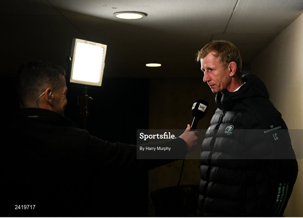 28 January 2023; Leinster head coach Leo Cullen speaks to media before the United Rugby Championship match between Leinster and Cardiff at RDS Arena in Dublin. Photo by Harry Murphy/Sportsfile