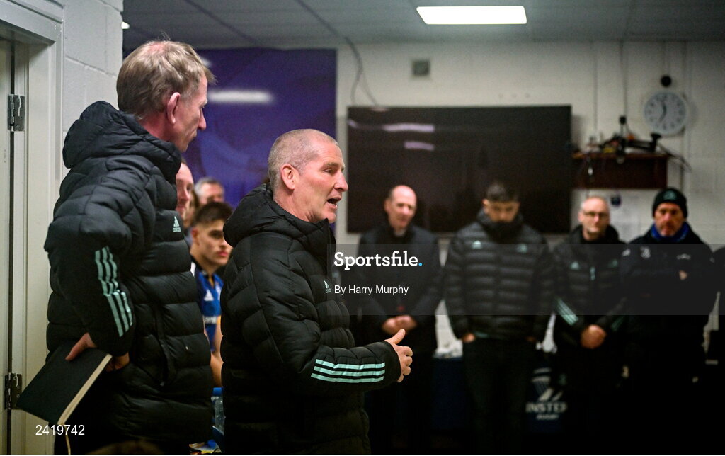 28 January 2023; Leinster senior coach Stuart Lancaster speaks in the dressing room after the United Rugby Championship match between Leinster and Cardiff at RDS Arena in Dublin. Photo by Harry Murphy/Sportsfile