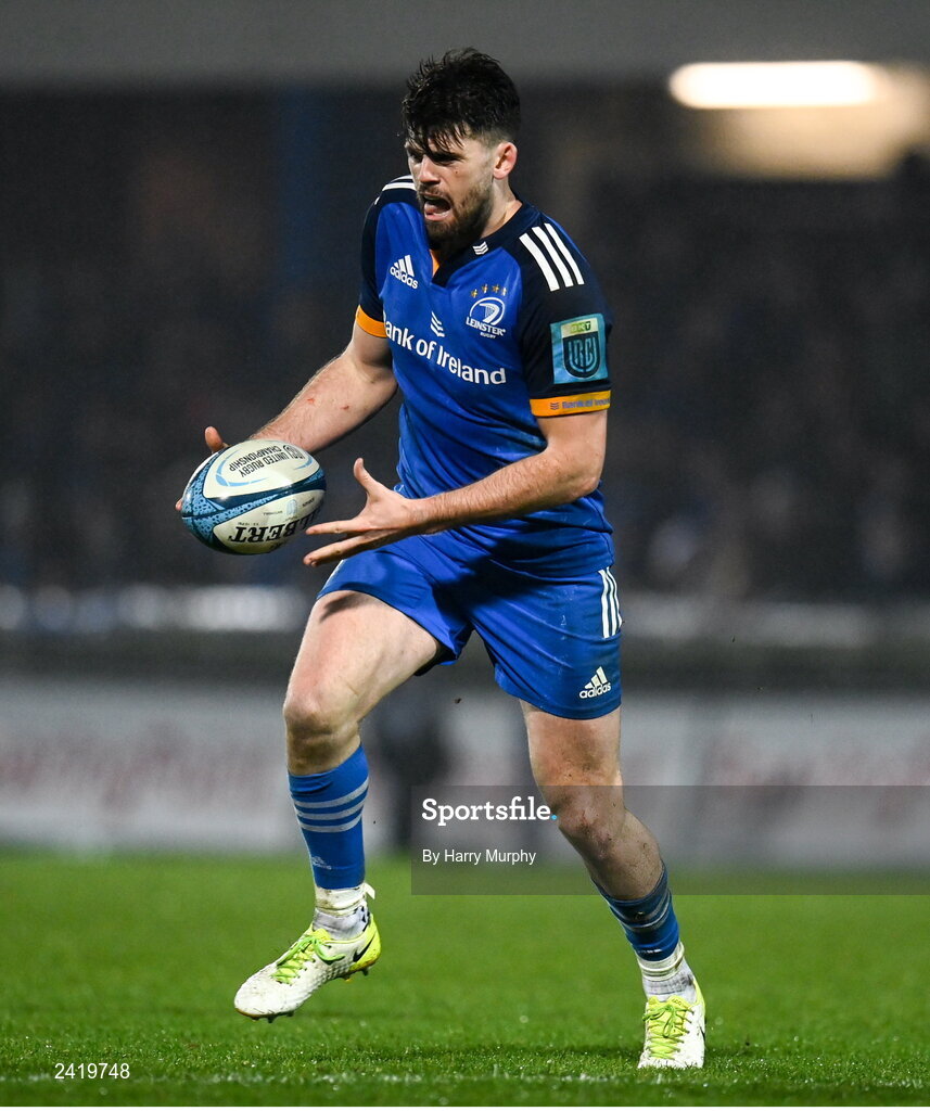 28 January 2023; Harry Byrne of Leinster during the United Rugby Championship match between Leinster and Cardiff at RDS Arena in Dublin. Photo by Harry Murphy/Sportsfile