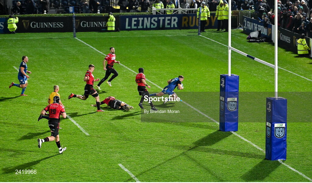 28 January 2023; Liam Turner of Leinster breaks through the Cardiff defence to score his side's sixth try during the United Rugby Championship match between Leinster and Cardiff at RDS Arena in Dublin. Photo by Brendan Moran/Sportsfile