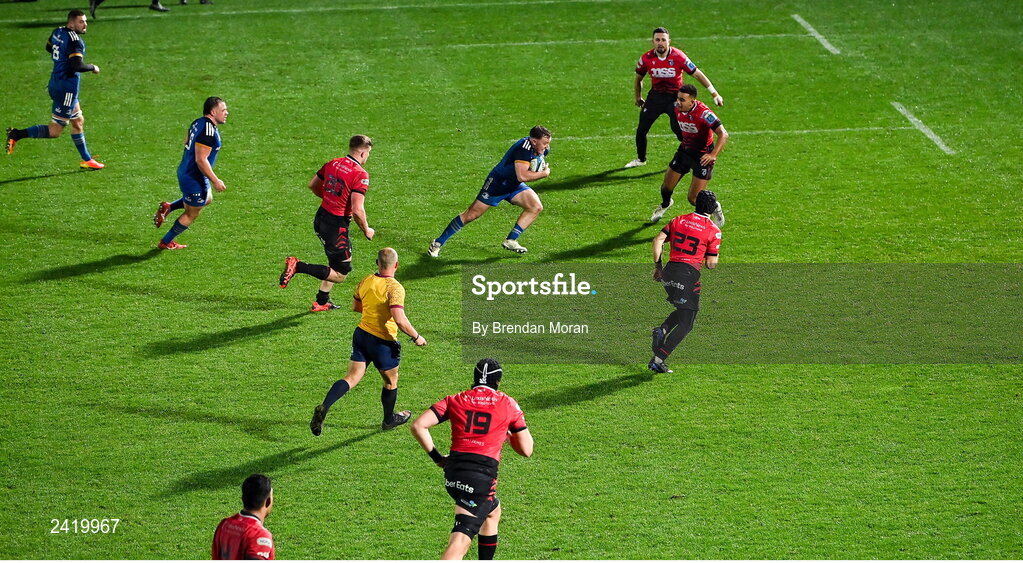 28 January 2023; Liam Turner of Leinster breaks through the Cardiff defence to score his side's sixth try during the United Rugby Championship match between Leinster and Cardiff at RDS Arena in Dublin. Photo by Brendan Moran/Sportsfile