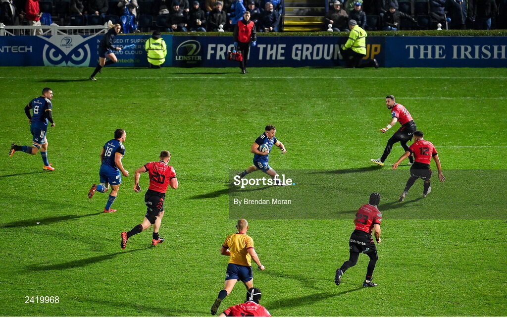 28 January 2023; Liam Turner of Leinster breaks through the Cardiff defence to score his side's sixth try during the United Rugby Championship match between Leinster and Cardiff at RDS Arena in Dublin. Photo by Brendan Moran/Sportsfile