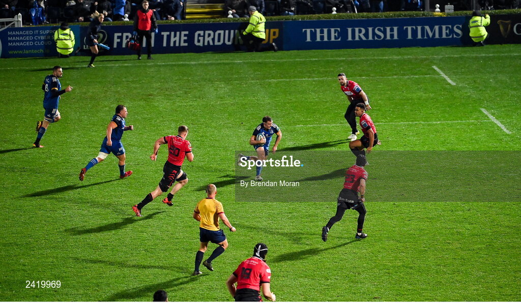 28 January 2023; Liam Turner of Leinster breaks through the Cardiff defence to score his side's sixth try during the United Rugby Championship match between Leinster and Cardiff at RDS Arena in Dublin. Photo by Brendan Moran/Sportsfile