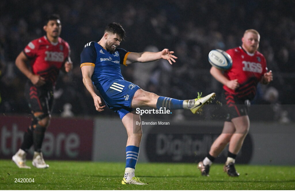 28 January 2023; Harry Byrne of Leinster during the United Rugby Championship match between Leinster and Cardiff at RDS Arena in Dublin. Photo by Brendan Moran/Sportsfile