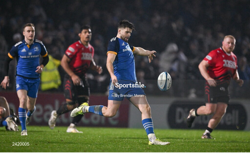 28 January 2023; Harry Byrne of Leinster during the United Rugby Championship match between Leinster and Cardiff at RDS Arena in Dublin. Photo by Brendan Moran/Sportsfile