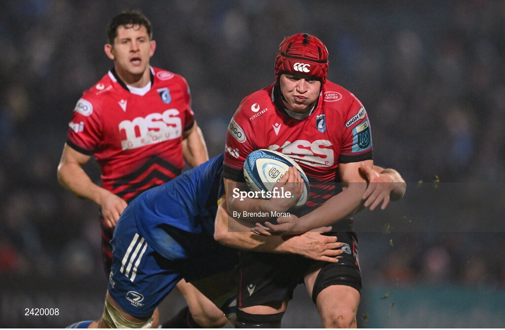 28 January 2023; James Botham of Cardiff is tackled by Ross Molony of Leinster during the United Rugby Championship match between Leinster and Cardiff at RDS Arena in Dublin. Photo by Brendan Moran/Sportsfile