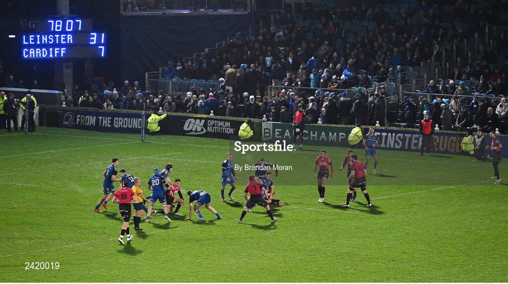 28 January 2023; A general view of action during the United Rugby Championship match between Leinster and Cardiff at RDS Arena in Dublin. Photo by Brendan Moran/Sportsfile