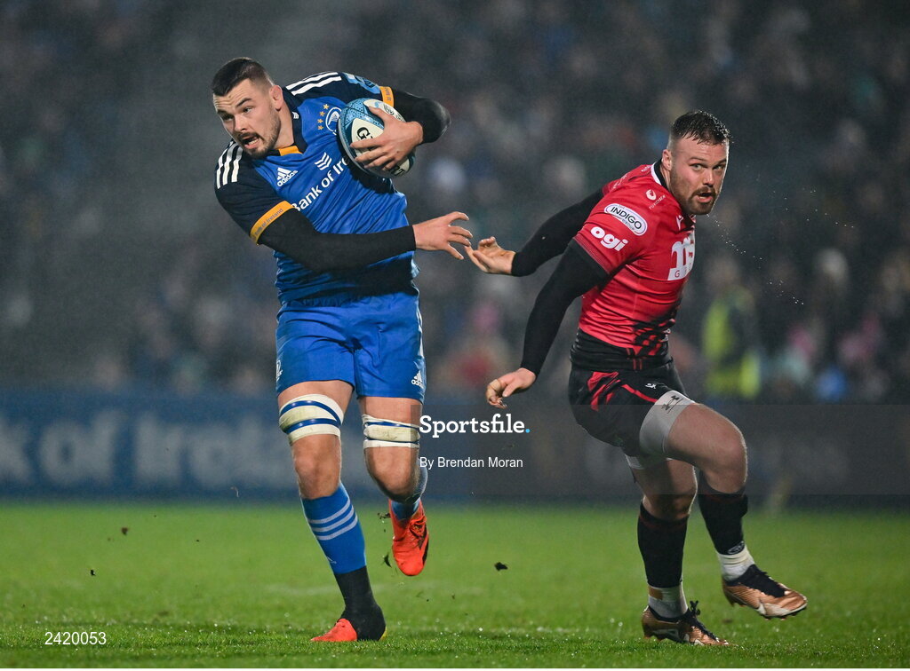 28 January 2023; Max Deegan of Leinster in action against Owen Lane of Cardiff during the United Rugby Championship match between Leinster and Cardiff at RDS Arena in Dublin. Photo by Brendan Moran/Sportsfile