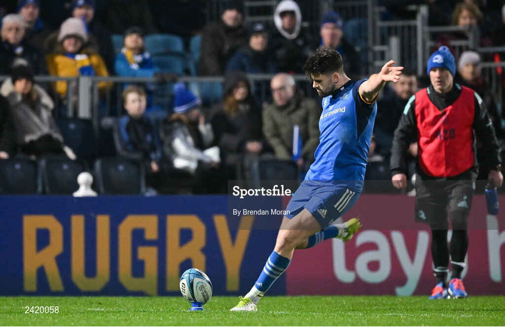28 January 2023; Harry Byrne of Leinster kicks a conversion during the United Rugby Championship match between Leinster and Cardiff at RDS Arena in Dublin. Photo by Brendan Moran/Sportsfile