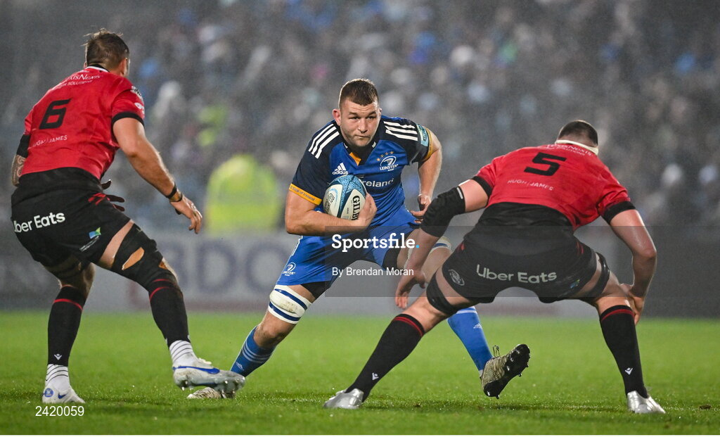 28 January 2023; Ross Molony of Leinster in action against Josh Turnbull and Seb Davies of Cardiff during the United Rugby Championship match between Leinster and Cardiff at RDS Arena in Dublin. Photo by Brendan Moran/Sportsfile