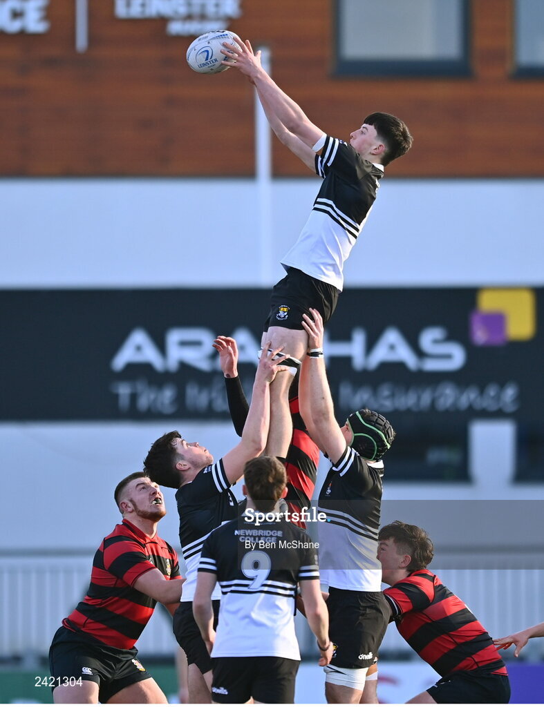 31 January 2023; Ruairi Munnelly of Newbridge College wins possession in the lineout during the Bank of Ireland Leinster Rugby Schools Senior Cup First Round match between Newbridge College and Kilkenny College at Energia Park in Dublin. Photo by Ben McShane/Sportsfile