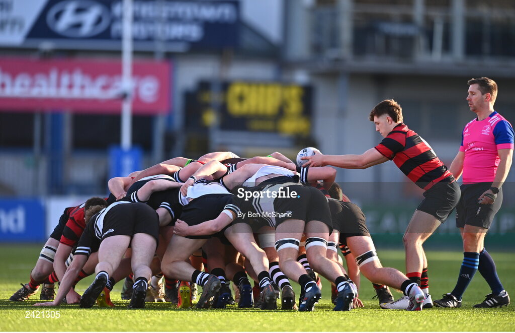 31 January 2023; A general view of a scrum during the Bank of Ireland Leinster Rugby Schools Senior Cup First Round match between Newbridge College and Kilkenny College at Energia Park in Dublin. Photo by Ben McShane/Sportsfile