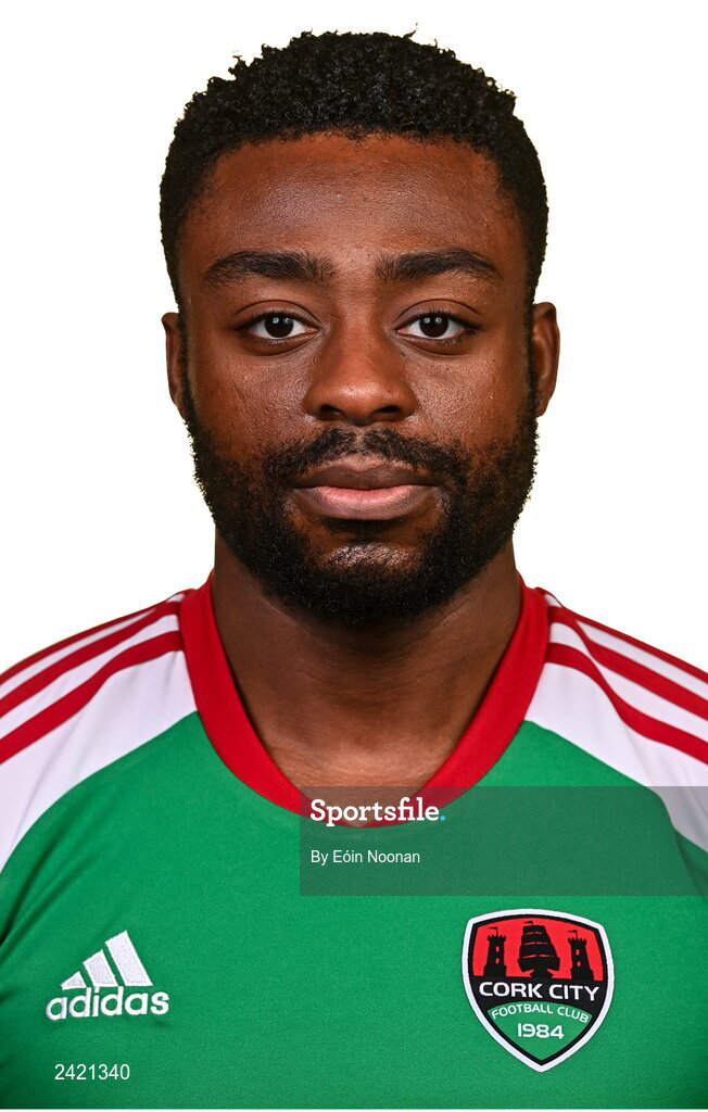 31 January 2023; Tunde Owolabi poses for a portrait during a Cork City squad portrait session at Bishopstown Stadium in Cork. Photo by Eóin Noonan/Sportsfile