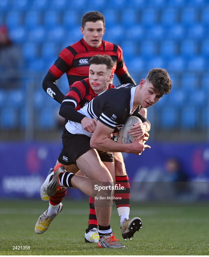 31 January 2023; Paddy Taylor of Newbridge College is tackled by Glenn O'Rourke of Kilkenny College during the Bank of Ireland Leinster Rugby Schools Senior Cup First Round match between Newbridge College and Kilkenny College at Energia Park in Dublin. Photo by Ben McShane/Sportsfile