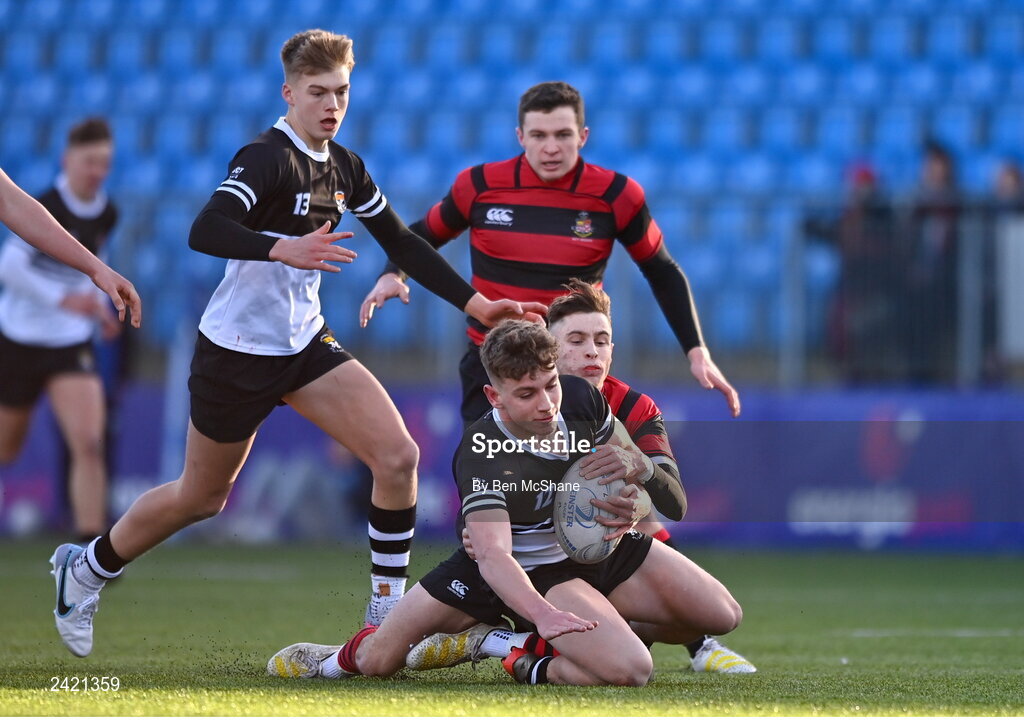 31 January 2023; Paddy Taylor of Newbridge College is tackled by Glenn O'Rourke of Kilkenny College during the Bank of Ireland Leinster Rugby Schools Senior Cup First Round match between Newbridge College and Kilkenny College at Energia Park in Dublin. Photo by Ben McShane/Sportsfile