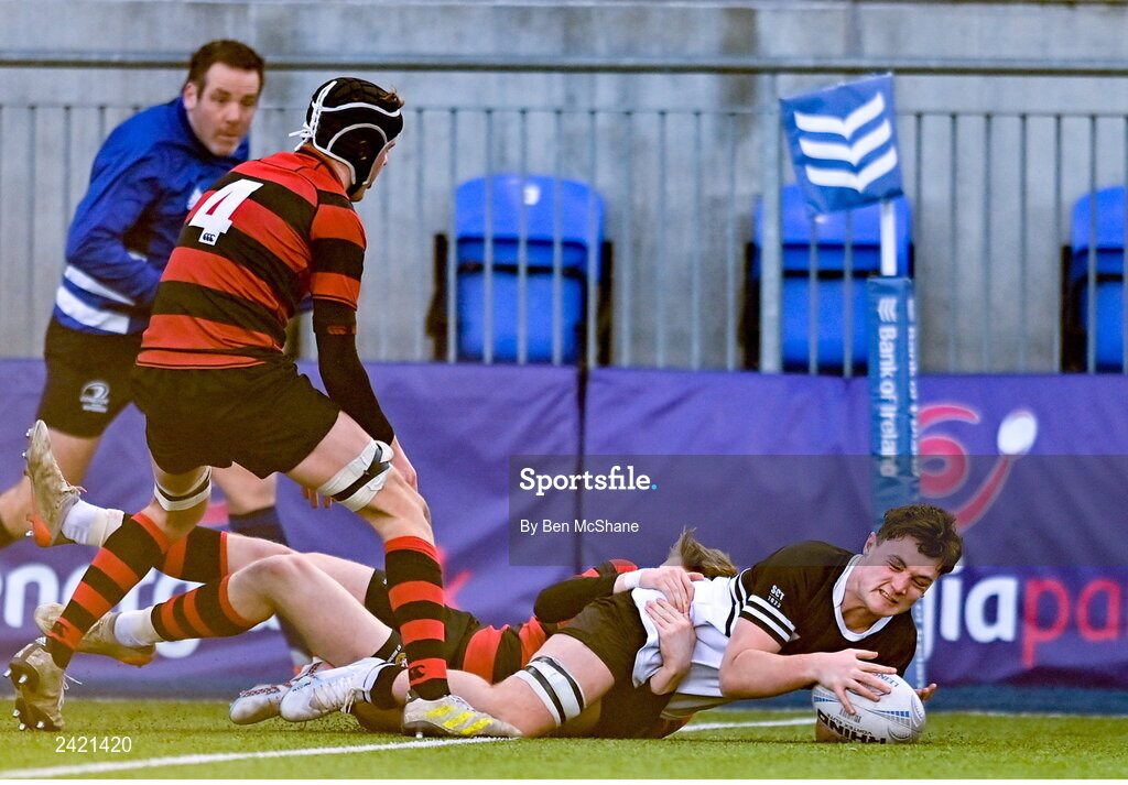 31 January 2023; Ronan McGroary of Newbridge College scores a try during the Bank of Ireland Leinster Rugby Schools Senior Cup First Round match between Newbridge College and Kilkenny College at Energia Park in Dublin. Photo by Ben McShane/Sportsfile