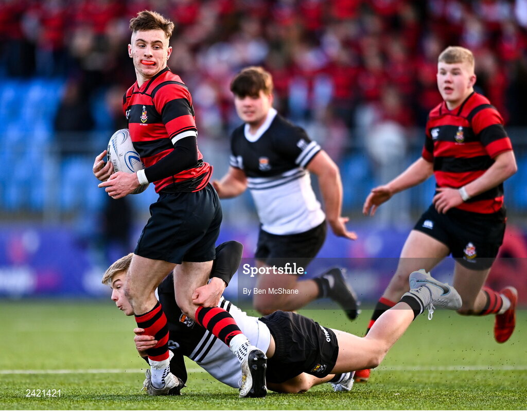 31 January 2023; Sean Naughton of Kilkenny College is tackled by Paddy Taylor of Newbridge College during the Bank of Ireland Leinster Rugby Schools Senior Cup First Round match between Newbridge College and Kilkenny College at Energia Park in Dublin. Photo by Ben McShane/Sportsfile