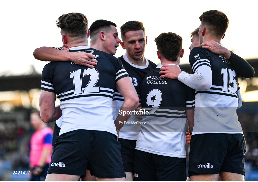 31 January 2023; Paddy Taylor of Newbridge College, 12, celebrates with teammates after scoring a try for their side during the Bank of Ireland Leinster Rugby Schools Senior Cup First Round match between Newbridge College and Kilkenny College at Energia Park in Dublin. Photo by Ben McShane/Sportsfile