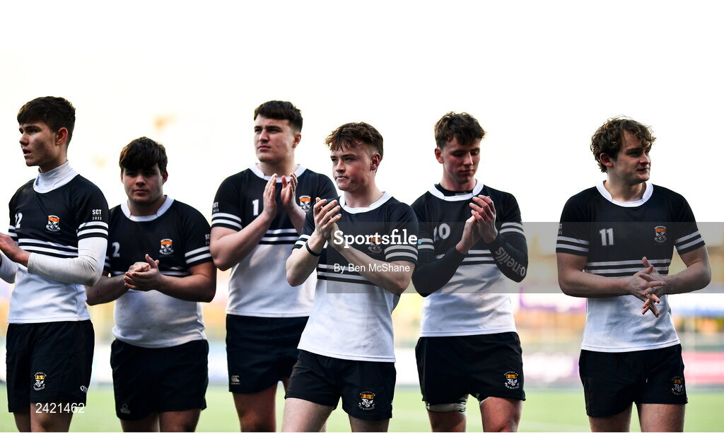 31 January 2023; Newbridge College players applaud the supporters after the Bank of Ireland Leinster Rugby Schools Senior Cup First Round match between Newbridge College and Kilkenny College at Energia Park in Dublin. Photo by Ben McShane/Sportsfile