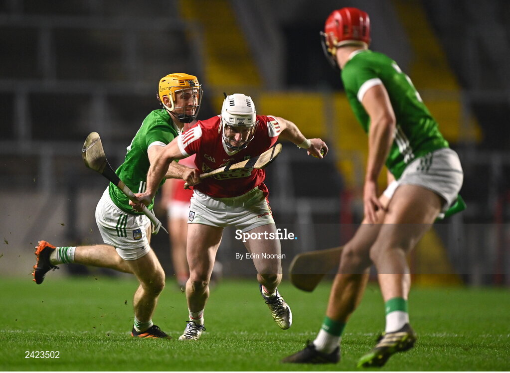 4 February 2023; Patrick Horgan of Cork in action against Richie English of Limerick during the Allianz Hurling League Division 1 Group A match between Cork and Limerick at Páirc Ui Chaoimh in Cork. Photo by Eóin Noonan/Sportsfile