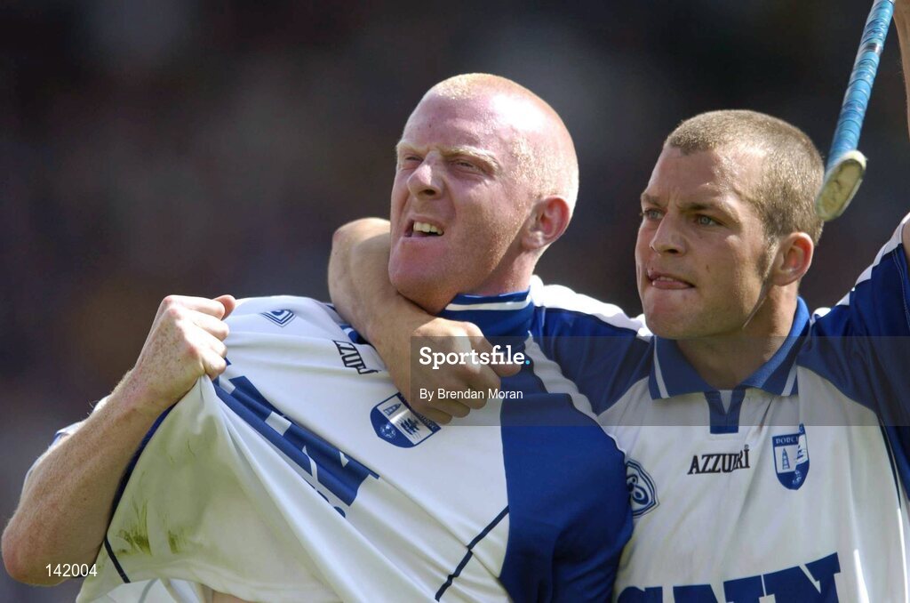 6 June 2004; John Mullane, Waterford, celebrates with team-mate Eoin McGrath, right, after scoring his sides third goal against Tipperary. Guinness Munster Senior Hurling Championship semi-final, Tipperary v Waterford, Pairc Ui Chaoimh, Cork. Picture credit; Brendan Moran / SPORTSFILE