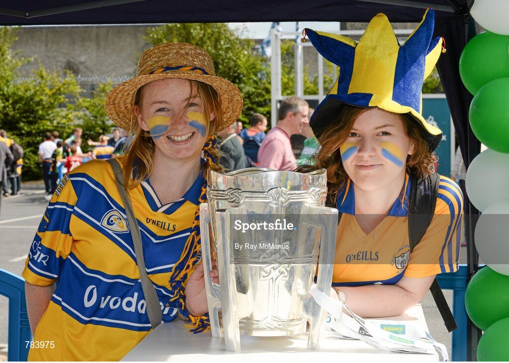 18 August 2013; Clare supporters Deirdre Kelly and Dorothy Lyons, both from Sixmilebridge, with the Liam MacCarthy Cup in the GAA Fun Zone on their way to the game. GAA Hurling All-Ireland Senior Championship, Semi-Final, Limerick v Clare, Croke Park, Dublin. Picture credit: Ray McManus / SPORTSFILE