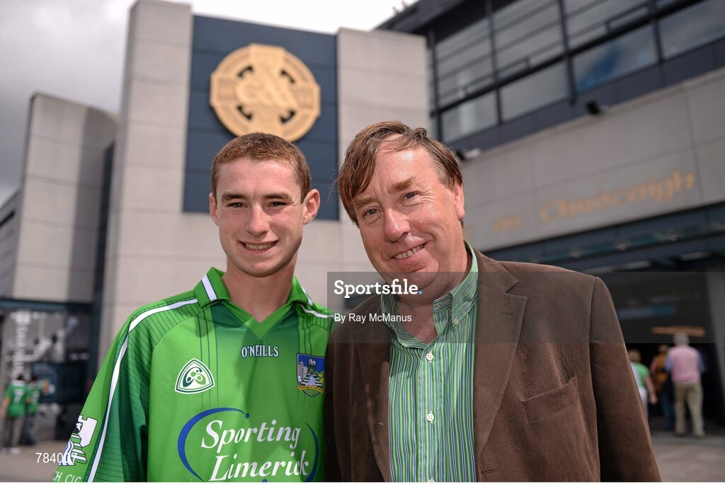 18 August 2013; Limerick supporters Fergal O'Boy and his dad Farrell, from Bruff, on their way to the game. GAA Hurling All-Ireland Senior Championship, Semi-Final, Limerick v Clare, Croke Park, Dublin. Picture credit: Ray McManus / SPORTSFILE