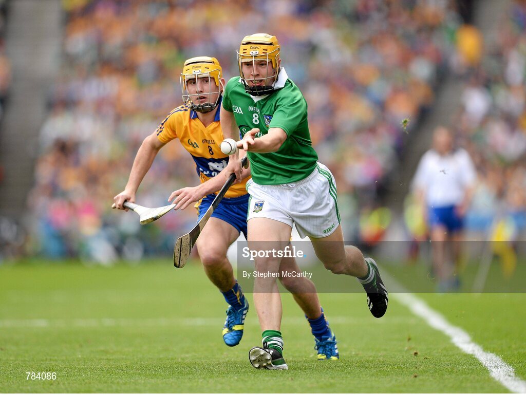 18 August 2013; Paul Browne, Limerick, in action against Colm Galvin, Clare. GAA Hurling All-Ireland Senior Championship, Semi-Final, Limerick v Clare, Croke Park, Dublin. Picture credit: Stephen McCarthy / SPORTSFILE