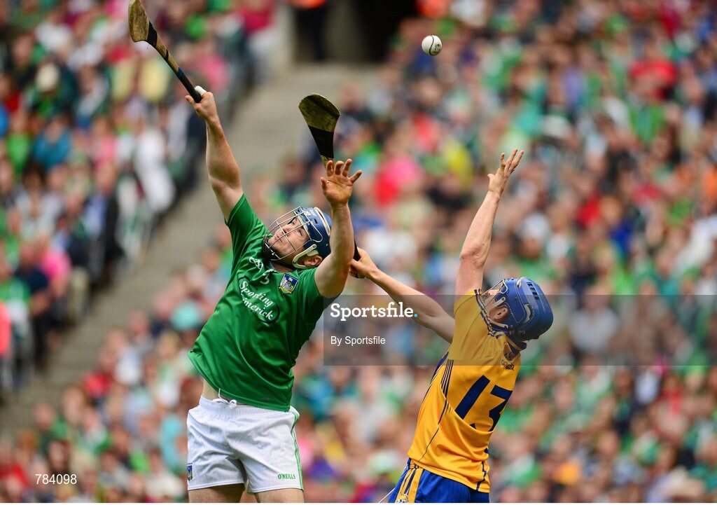 18 August 2013; Pádraic Collins, Clare, in action against Richie McCarthy, Limerick. GAA Hurling All-Ireland Senior Championship, Semi-Final, Limerick v Clare, Croke Park, Dublin. Photo by Sportsfile