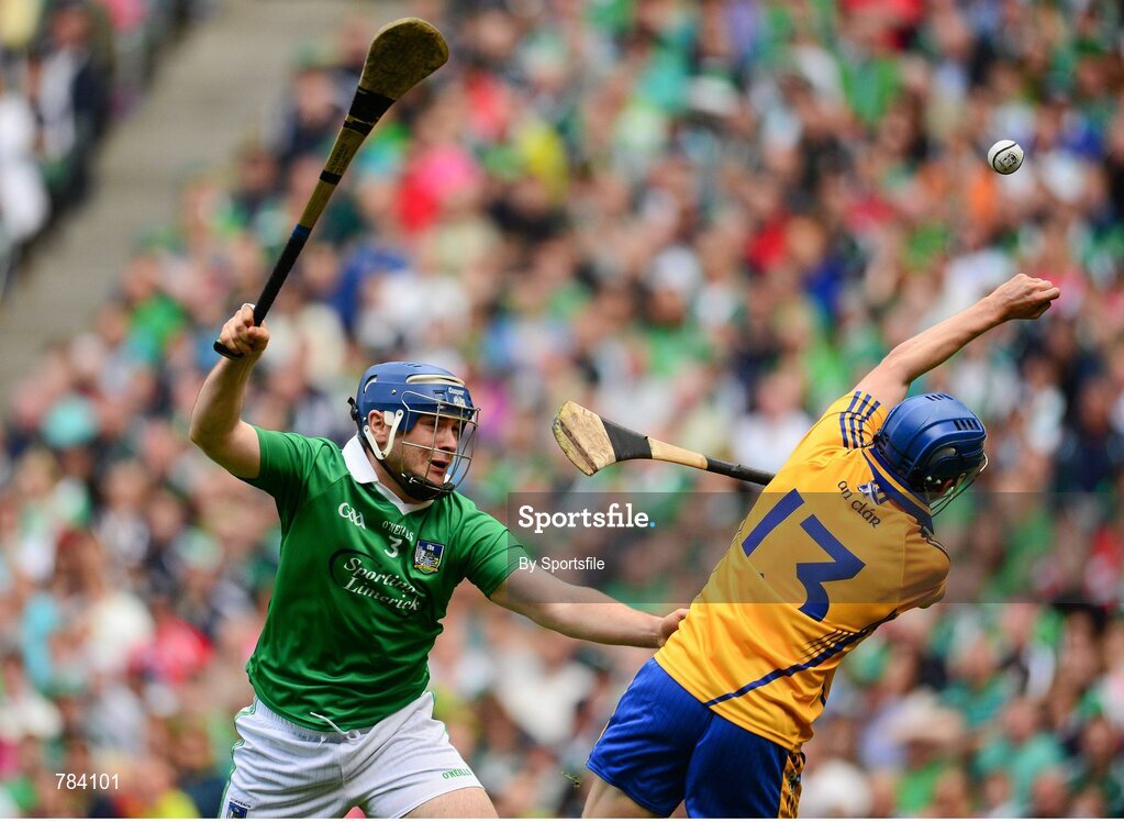 18 August 2013; Pádraic Collins, Clare, in action against Richie McCarthy, Limerick. GAA Hurling All-Ireland Senior Championship, Semi-Final, Limerick v Clare, Croke Park, Dublin. Photo by Sportsfile