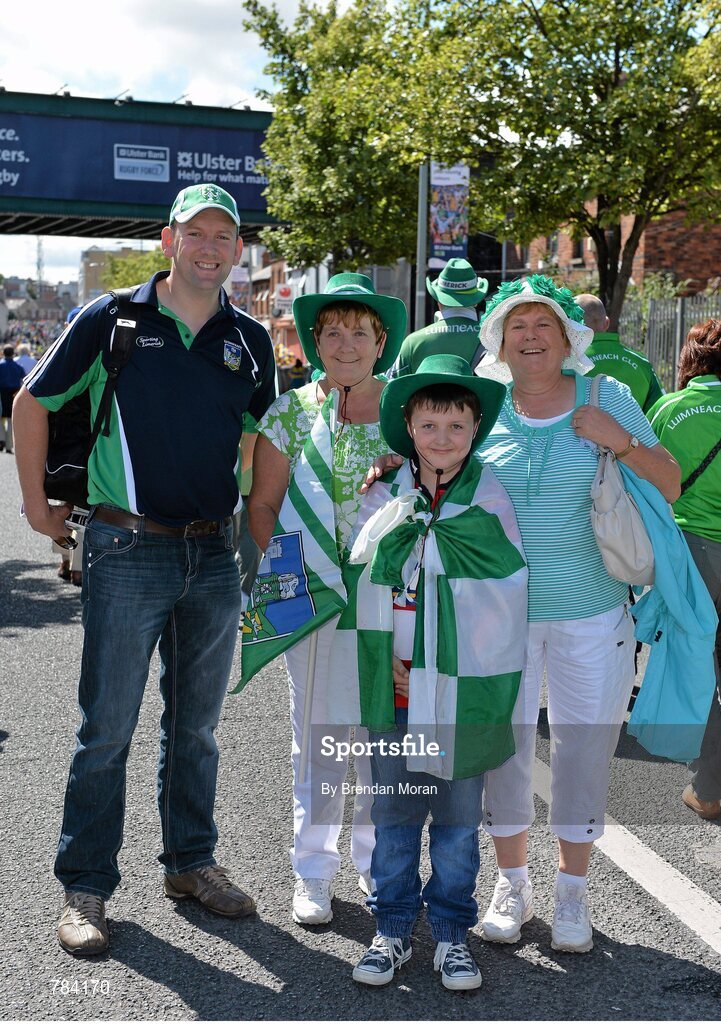 18 August 2013; Limerick supporters, from left, Fergus Burke, Joan Burke, Ronan Burke, from Oola, Co. Limerick, and Therese Brennan, from Emly, Co. Tipperary. GAA Hurling All-Ireland Senior Championship, Semi-Final, Limerick v Clare, Croke Park, Dublin. Picture credit: Brendan Moran / SPORTSFILE
