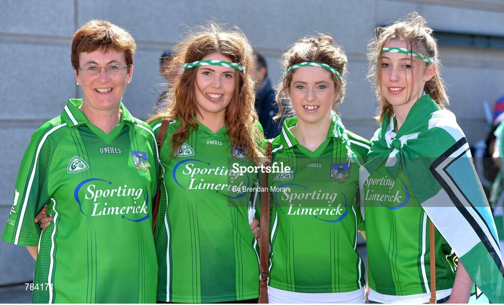18 August 2013; Limerick supporters, from left, Nora, Aisling, Orla, and Sinead Molloy, from Killeavy, Co. Limerick, at the game. GAA Hurling All-Ireland Senior Championship, Semi-Final, Limerick v Clare, Croke Park, Dublin. Picture credit: Brendan Moran / SPORTSFILE