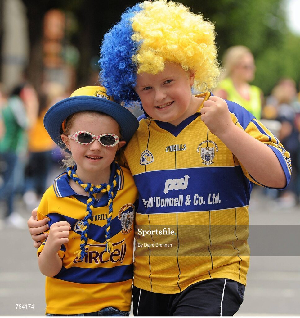 18 August 2013; Clare supporters Cliodhna McMahon, aged 6, and her brother Damien, aged 10, from Sixmilebridge, Co. Clare, at the game. GAA Hurling All-Ireland Senior Championship, Semi-Final, Limerick v Clare, Croke Park, Dublin. Picture credit: Dáire Brennan / SPORTSFILE