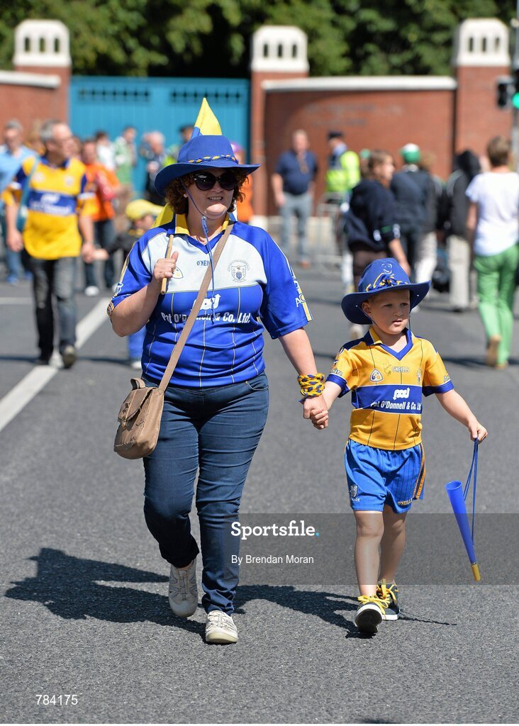 18 August 2013; Clare supporters Barbara and Edan Buckley, from Bodyke, Co. Clare, arrive at Croke Park ahead of the game. GAA Hurling All-Ireland Senior Championship, Semi-Final, Limerick v Clare, Croke Park, Dublin. Picture credit: Brendan Moran / SPORTSFILE